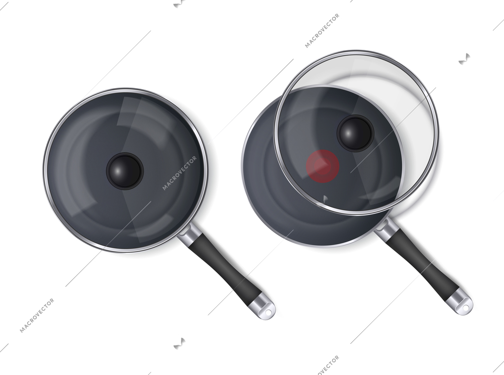 Frying pan set for cooking lunch or dinner realistic isolated vector illustration