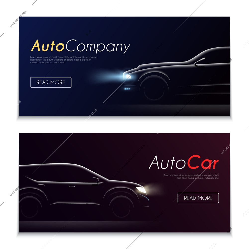 Set of two horizontal realistic car profile dark banners with clickable buttons editable text and automobile images vector illustration