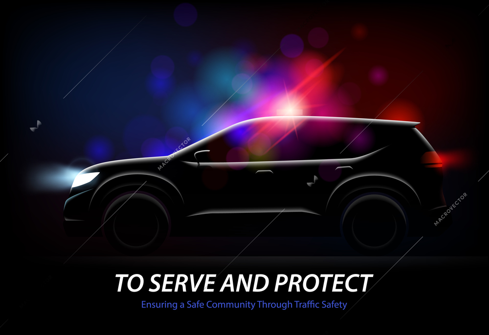 Realistic police car lights with profile view of moving automobile with glowing lights and editable text vector illustration