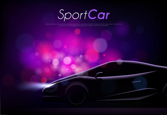 Realistic car dark background with silhouette of sport car body editable text and blurry purple particles vector illustration