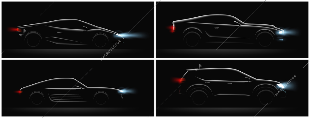 Realistic car silhouete dark set of four profiles with different car body and glowing running lights vector illustration