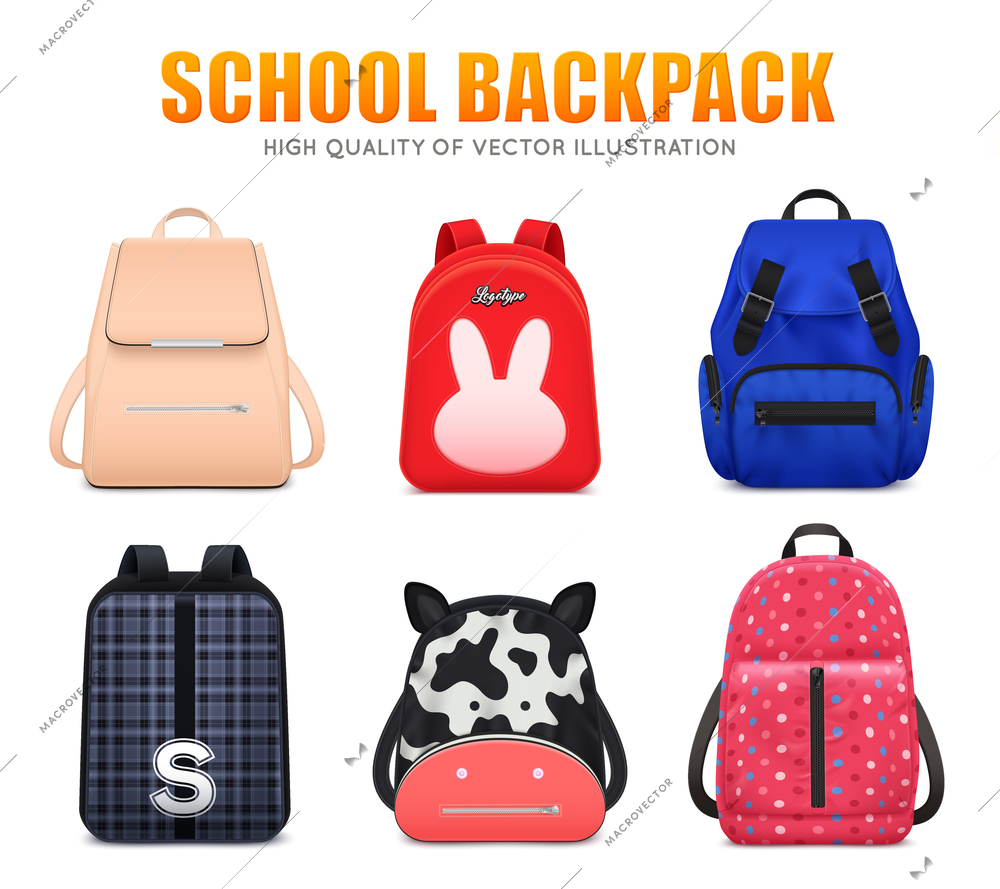 Realistic school education backpack bag baggage set of six isolated school backpacks of different shape and colour vector illustration