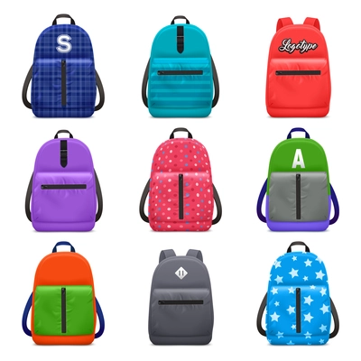 Realistic school backpack color pattern set with isolated images of children bags with modern textile patterns vector illustration