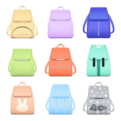 Realistic school backpack elegant set with nine isolated images of stylish book bags for girls vector illustration