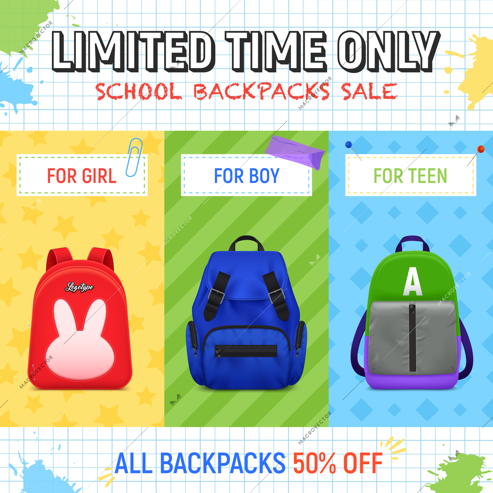 Realistic school backpack advertising illustration with editable text and book bag for girls boys and teens vector illustration