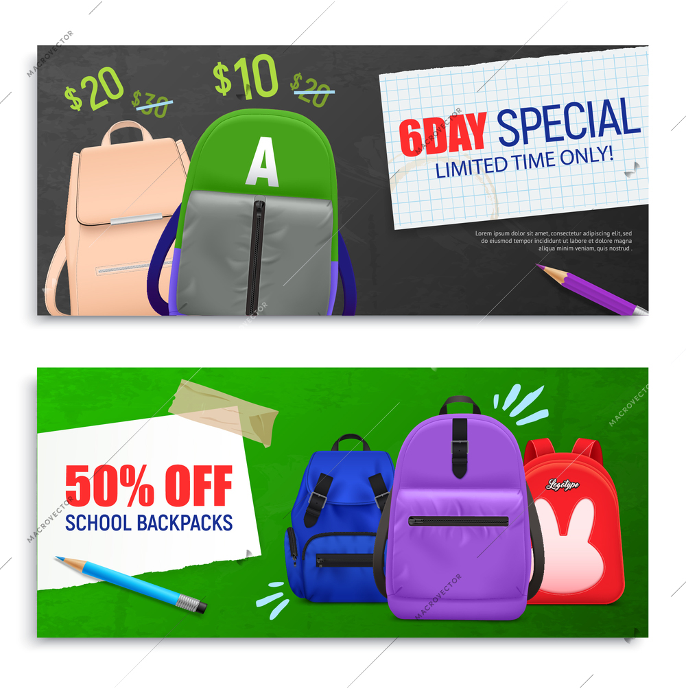 Set of two realistic school backpack horizontal banners with editable price text and images of bags vector illustration