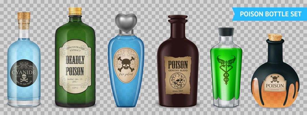 Realistic poison transparent set with isolated images of magic bottle vessels with labels on transparent background vector illustration