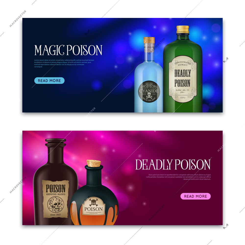 Realistic poison set of two horizontal banners with vintage looking magic bottles and flasks with text vector illustration