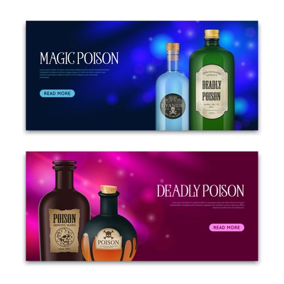 Realistic poison set of two horizontal banners with vintage looking magic bottles and flasks with text vector illustration