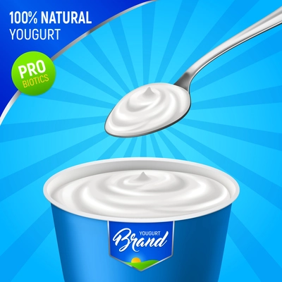 Realistic yogurt advertising background with branded plastic cup of natural yoghurt with spoon and editable text vector illustration