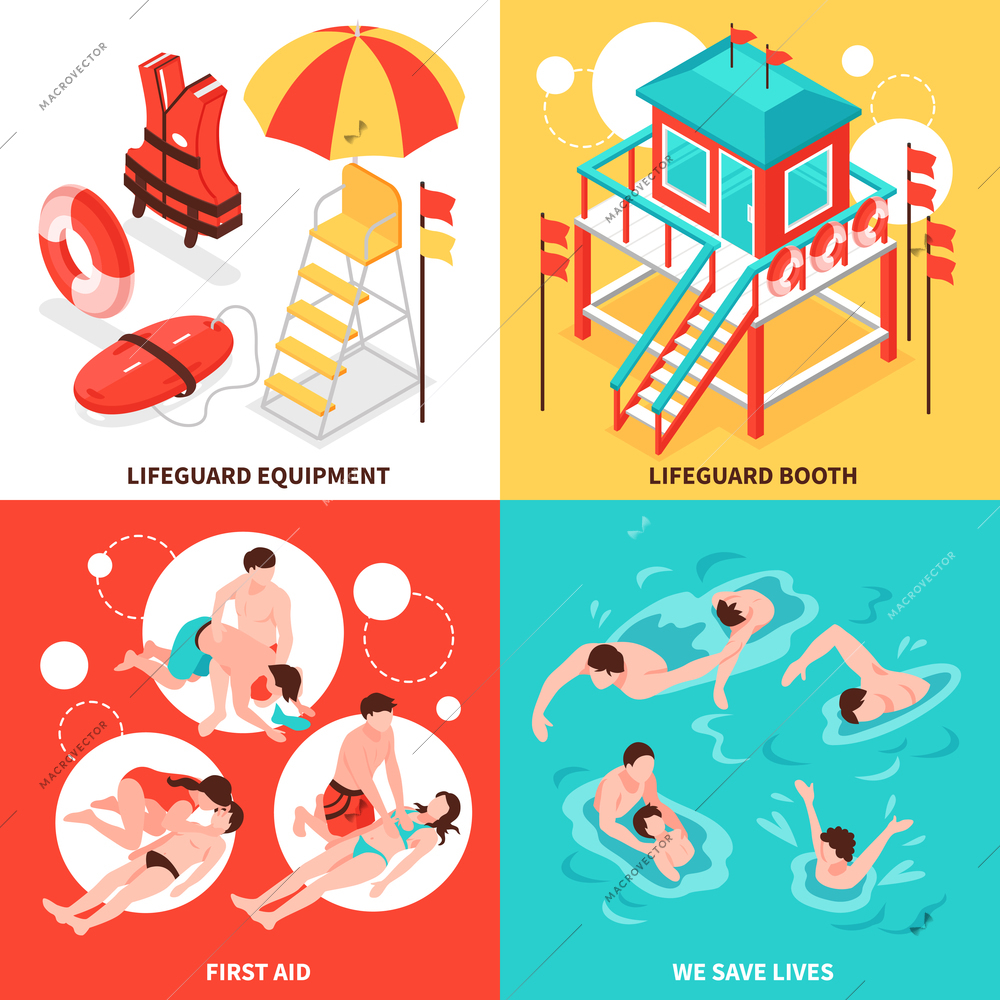 Beach lifeguards 2x2 design concept  set of  lifeguard inventory and saving drowning isometric compositions vector illustration