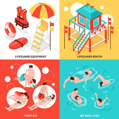 Beach lifeguards 2x2 design concept  set of  lifeguard inventory and saving drowning isometric compositions vector illustration