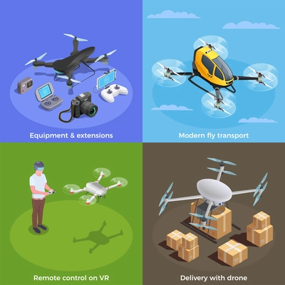 Drones isometric concept with remote controlled modern delivery transport and vr equipment set isolated vector illustration