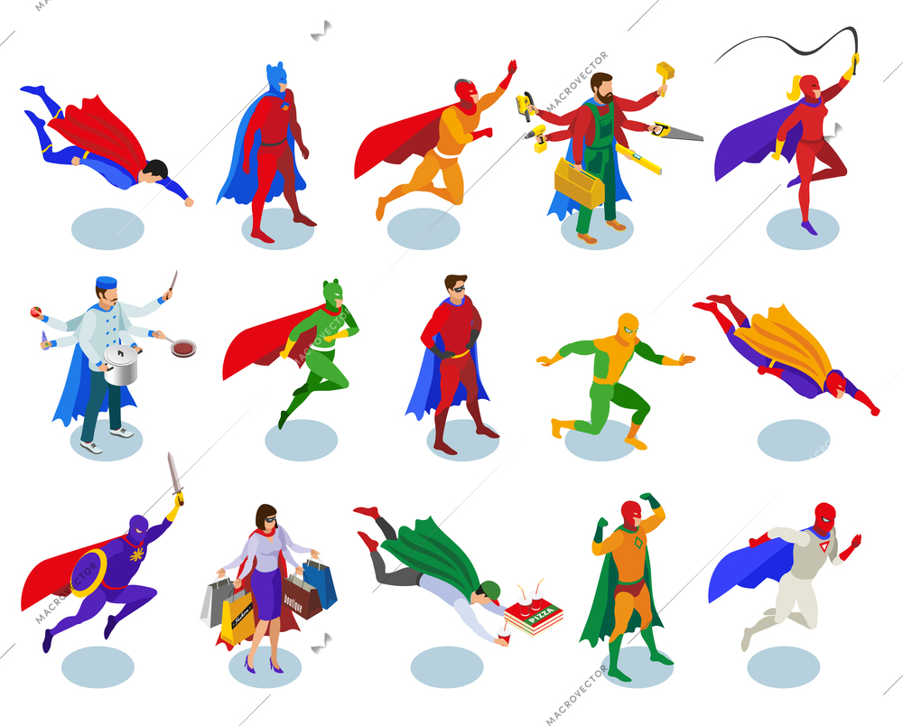 Super heroes with colored cape and mask in various activity isometric people isolated vector illustration