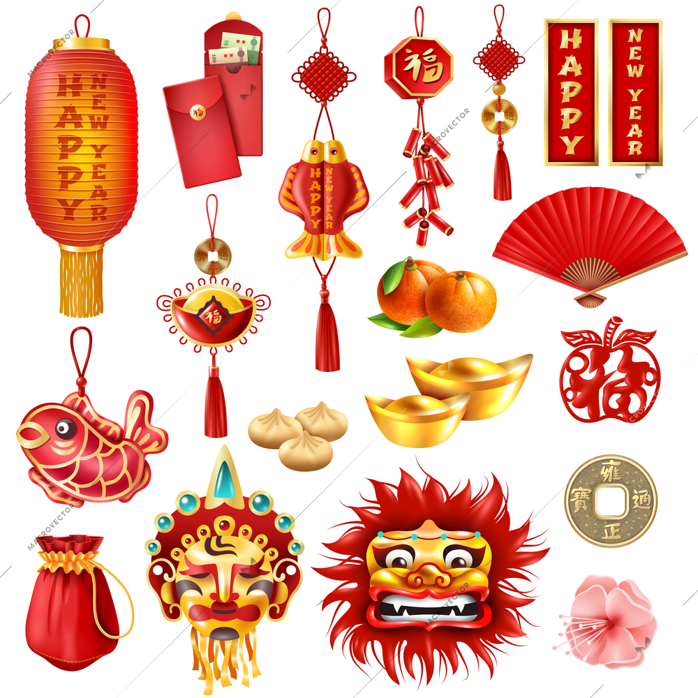 Chinese new year set of dragon mask oranges red envelopes bag of coins traditional dishes and plum flowers cartoon vector illustration