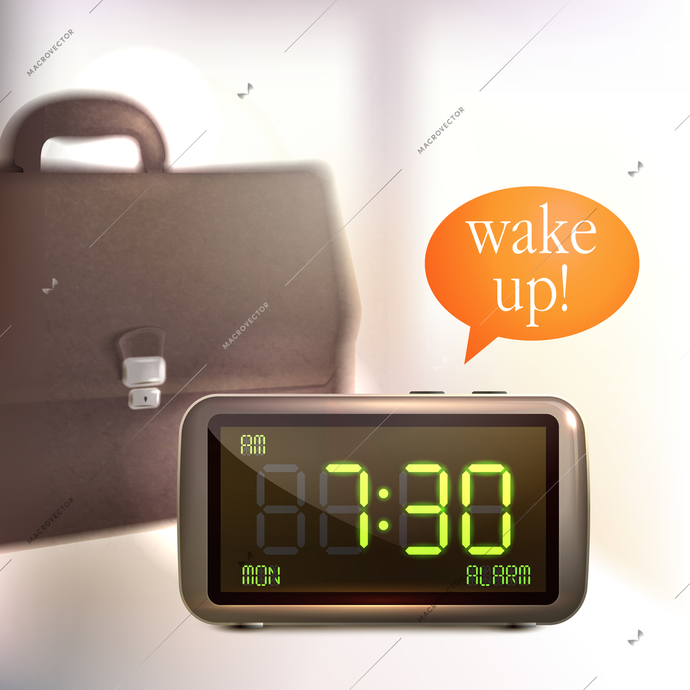 Realistic digital alarm clock with lcd display wake up text and briefcase background vector illustration