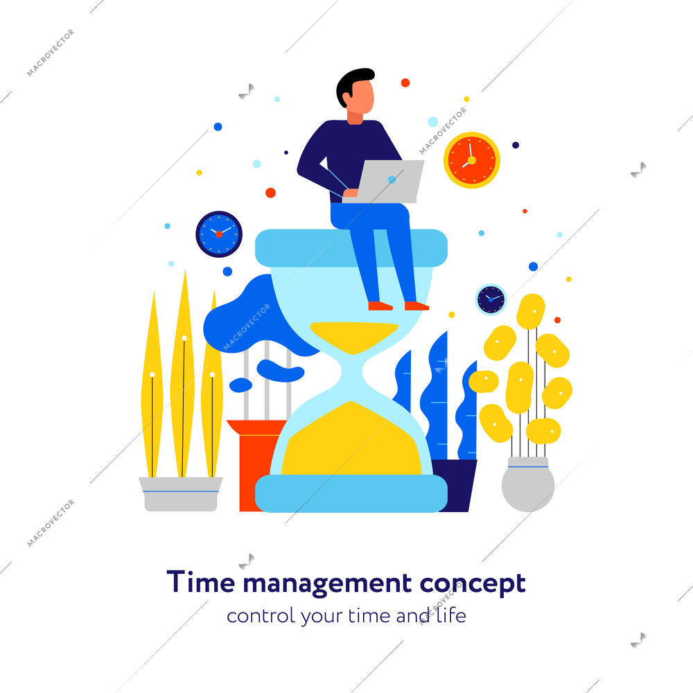 Time management effective schedule control concept flat composition with activities planning man sitting on hourglass vector illustration