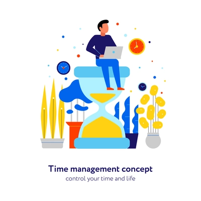 Time management effective schedule control concept flat composition with activities planning man sitting on hourglass vector illustration