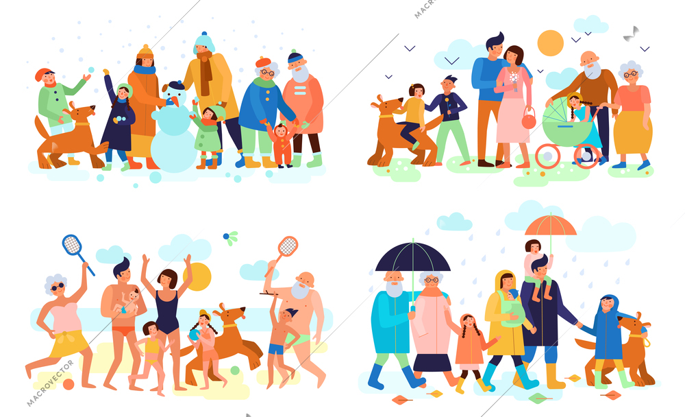 Family with kids parents and grandparents outdoor in summer winter spring autumn 4 flat compositions vector illustration