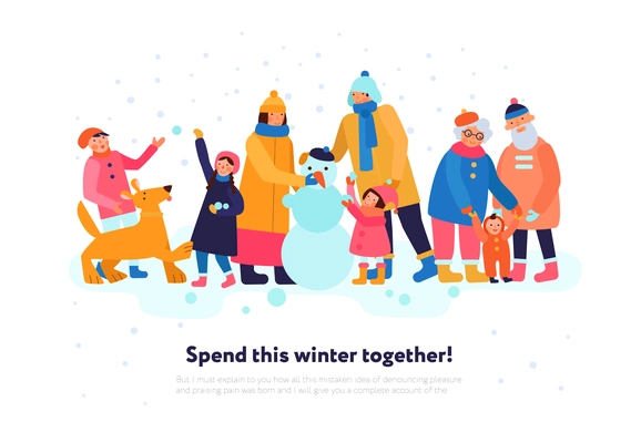 Winter holidays together flat family season composition with parents making snowman kids playing snowballs grandparents baby vector illustration