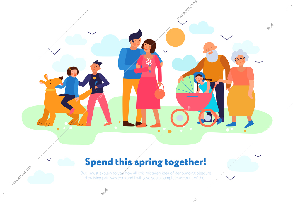 Family in spring outdoor together flat composition with parents children grandparents with baby in pram vector illustration