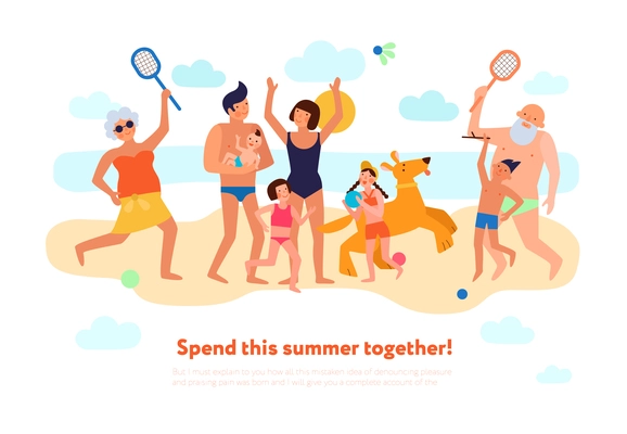 Family summer vacation flat composition with happy kids parents and grandparents playing together on beach vector illustration