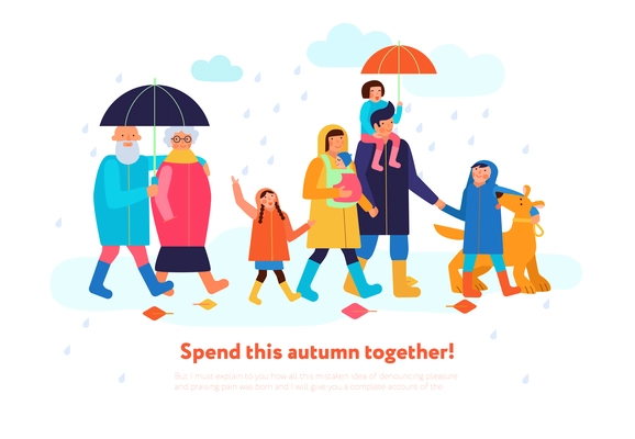 Family walking outdoor together on rainy autumn day isometric composition with parents kids grandparents dog vector illustration