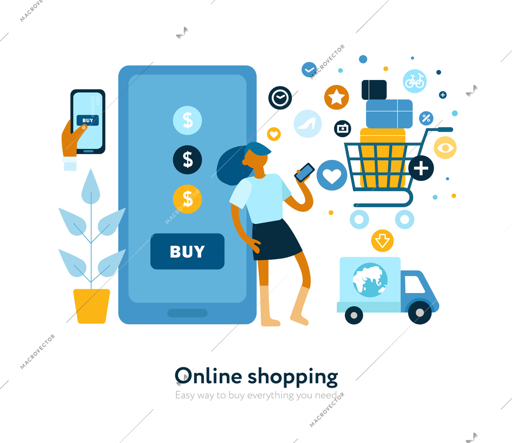 Buying online fast secure convenient flat composition with smartphone internet shop full basket delivery vehicle vector illustration