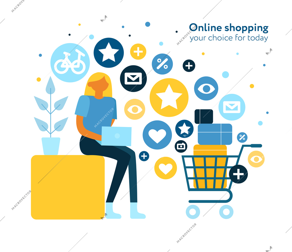 Online shopping flat composition with young woman surfing internet stores putting purchased objects in electronic basket vector illustration