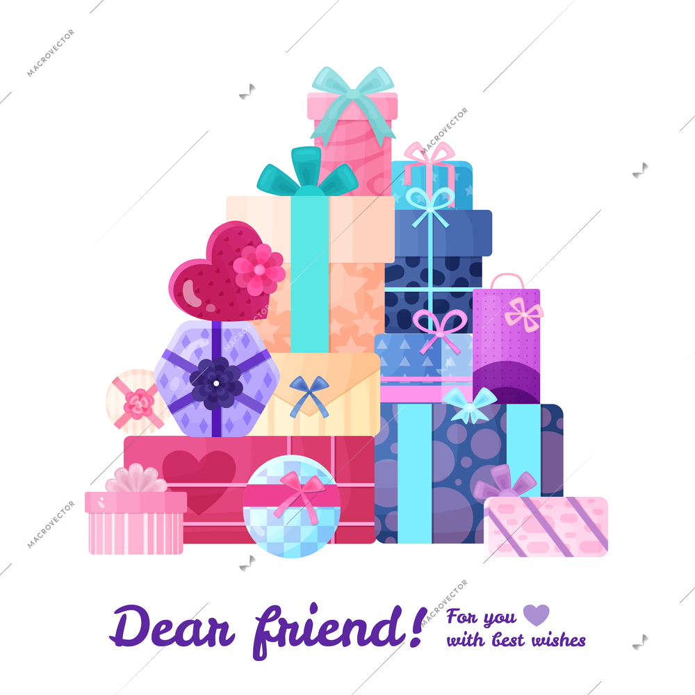 Gifts presents heart round square and rectangular shaped boxes packages in beautiful wrappings flat composition vector illustration