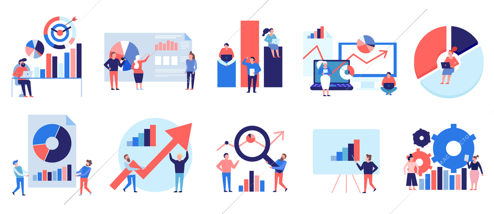 Data analytics tools techniques diagrams graphics symbols presentation analysis  strategy colorful flat elements set isolated vector illustration