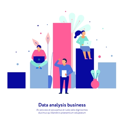 Data analytics for business strategies optimization flat stylish composition with teamwork cooperation analysis column chart vector illustration