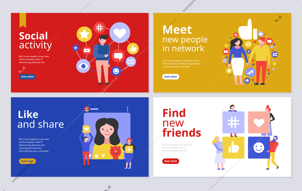 Social media concept 4 flat banners web page design for joining network groups finding friends vector illustration