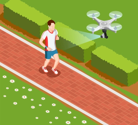 Overhead drone camera providing valuable coaching data in sport training isometric composition with runner vector illustration