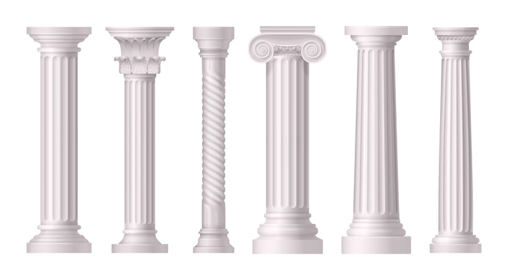 Antique white columns realistic icon set with different styles of greek architecrure vector illustration