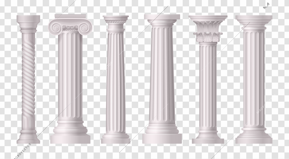 Six isolated and realistic antique white columns icon set on transparent background vector illustration