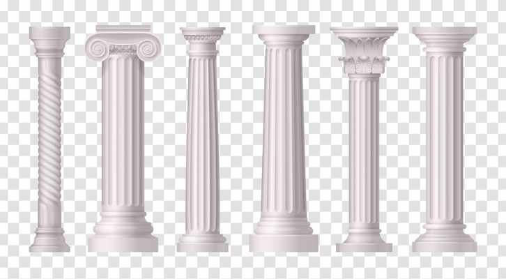 Six isolated and realistic antique white columns icon set on transparent background vector illustration