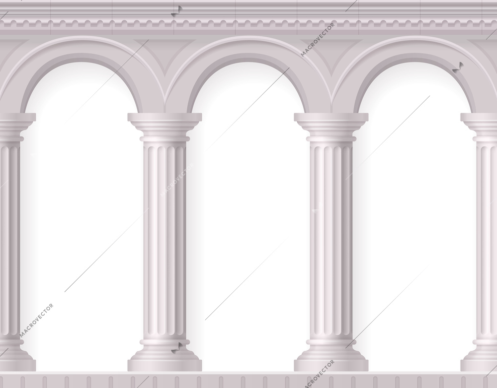 Greek 3d and realistic antique white columns composition with white ancient arches vector illustration