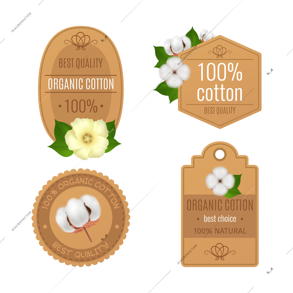 Four cotton emblems labels realistic transparent icon set with best quality organic cotton and natural descriptions vector illustration