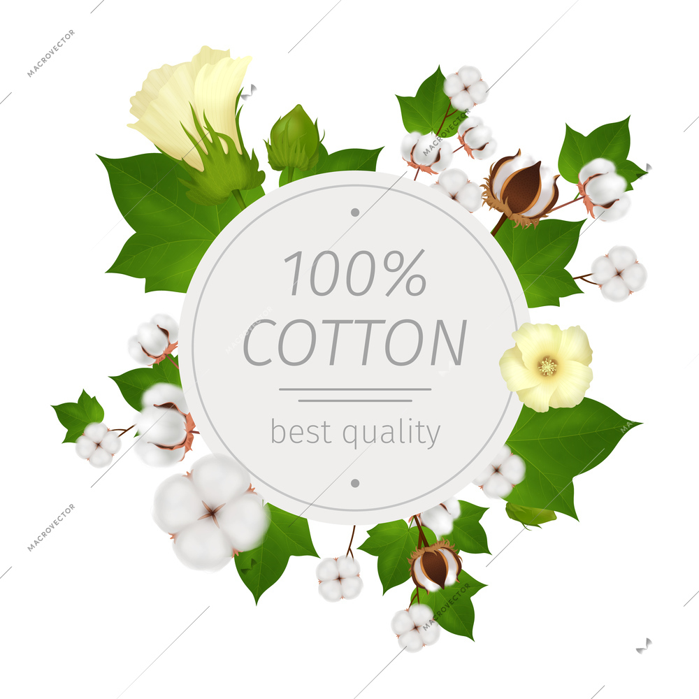 Colored round cotton realistic composition or emblem with flowers of cotton around and best quality headline at the center vector illustration