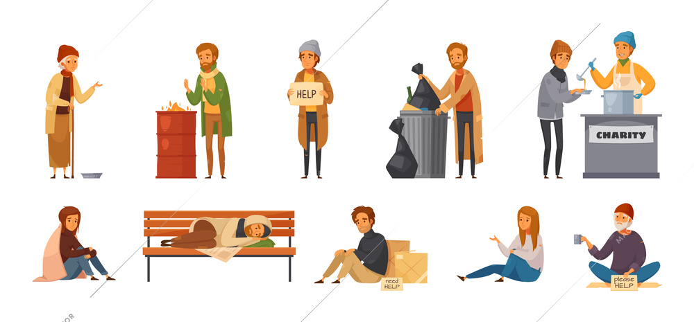 Isolated homeless people cartoon icon icon set with different age sex and types of homeless people vector illustration