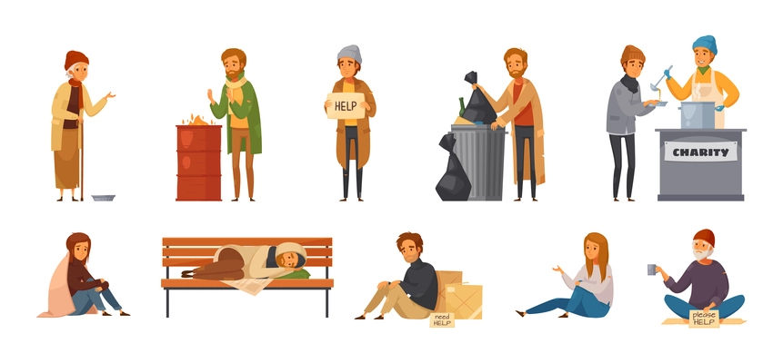 Isolated homeless people cartoon icon icon set with different age sex and types of homeless people vector illustration