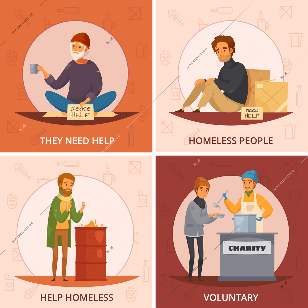 Four squares cartoon homeless people icon set with they need help voluntary and other descriptions vector illustration