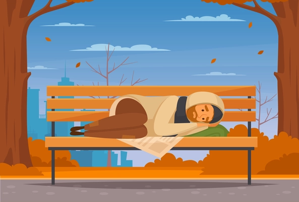 Cartoon homeless people flat composition with man lies on a bench in the street and he is cold vector illustration