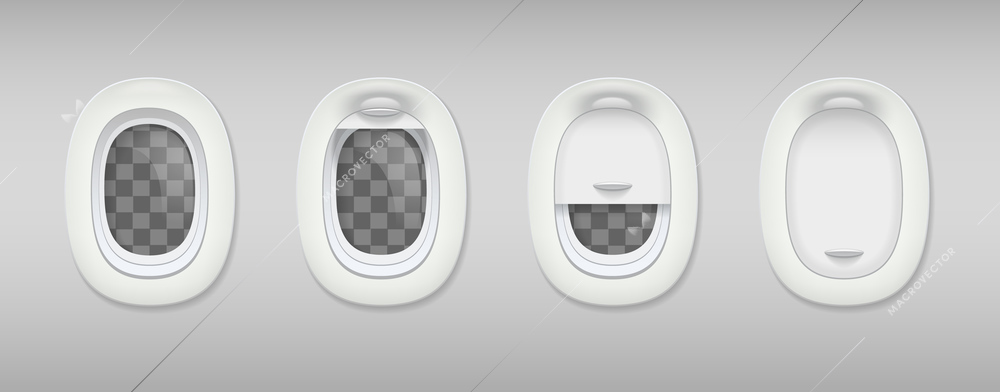 Colored porthole realistic composition four portholes in airplane closed and open vector illustration