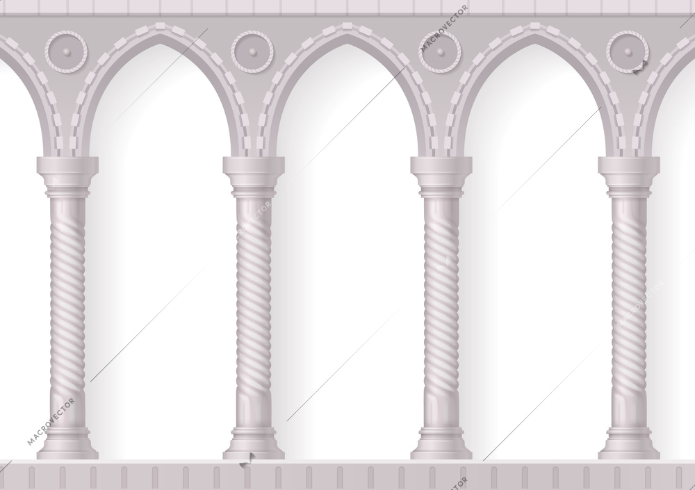 Four antique white columns realistic 3d composition with ribbing on white background vector illustration