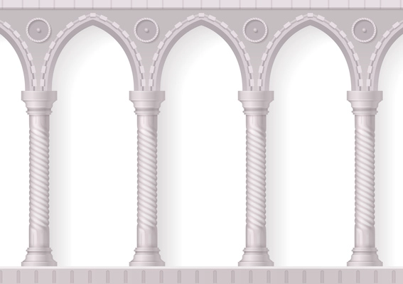 Four antique white columns realistic 3d composition with ribbing on white background vector illustration