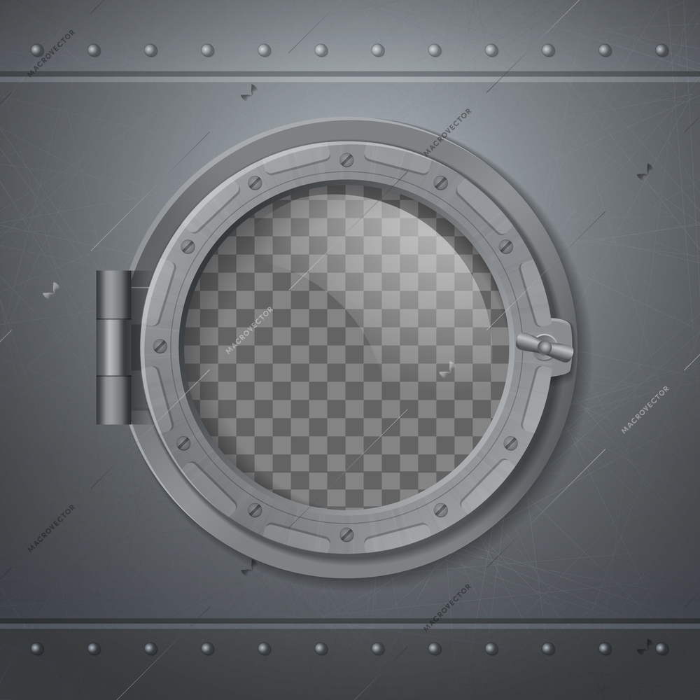 Gray metal porthole realistic and 3 d composition with abstract transporent window vector illustration