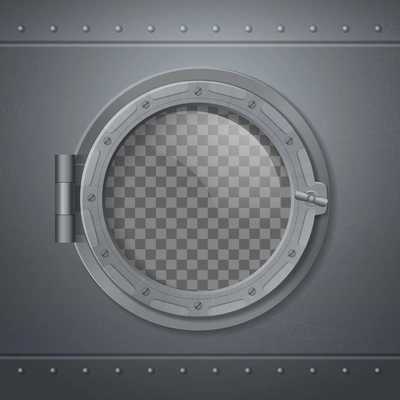 Gray metal porthole realistic and 3 d composition with abstract transporent window vector illustration