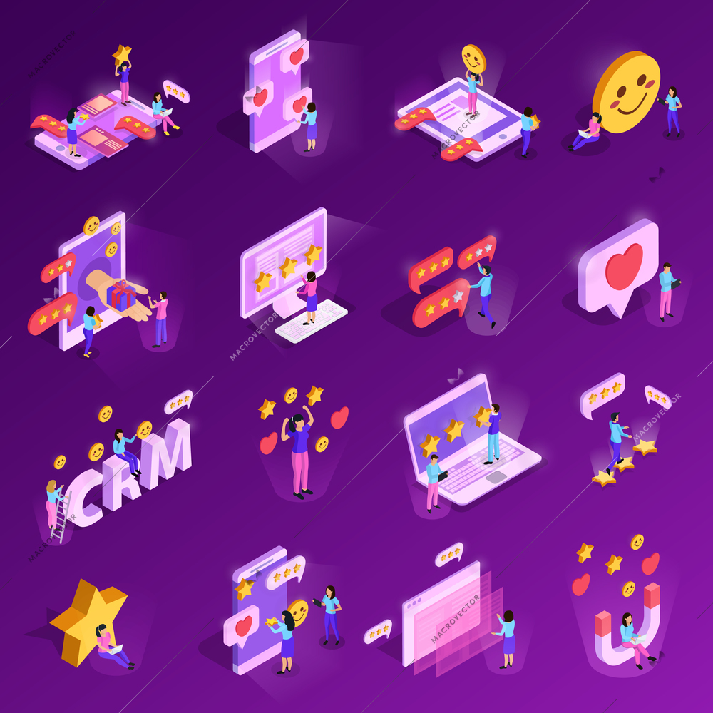 CRM system isometric icons with human characters computer technology rating elements isolated on purple background vector illustration